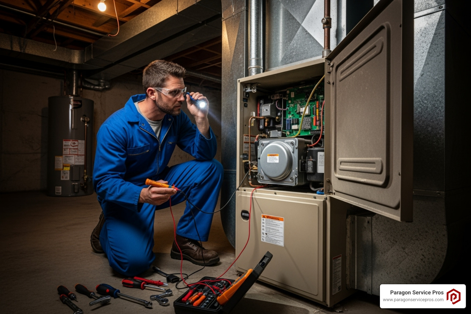 HVAC technician inspecting a furnace - Furnace pilot light HVAC technician inspecting a furnace - Furnace pilot light