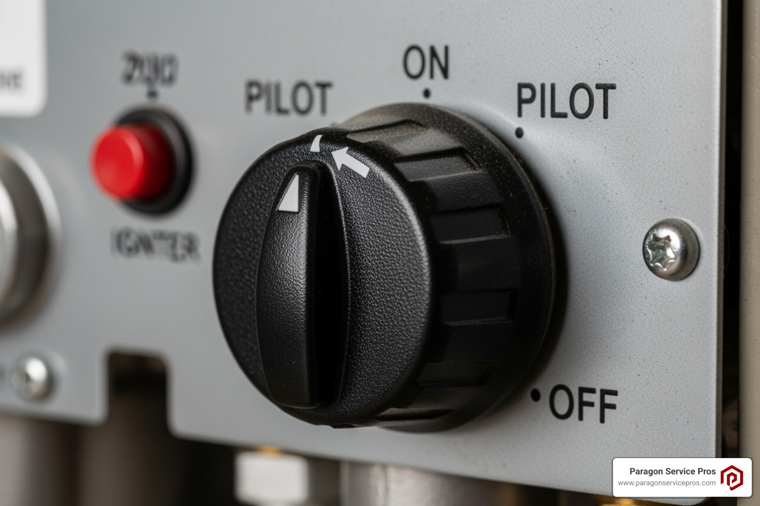 gas control knob on a furnace showing "PILOT" and "ON" settings - Furnace pilot light gas control knob on a furnace showing "PILOT" and "ON" settings - Furnace pilot light