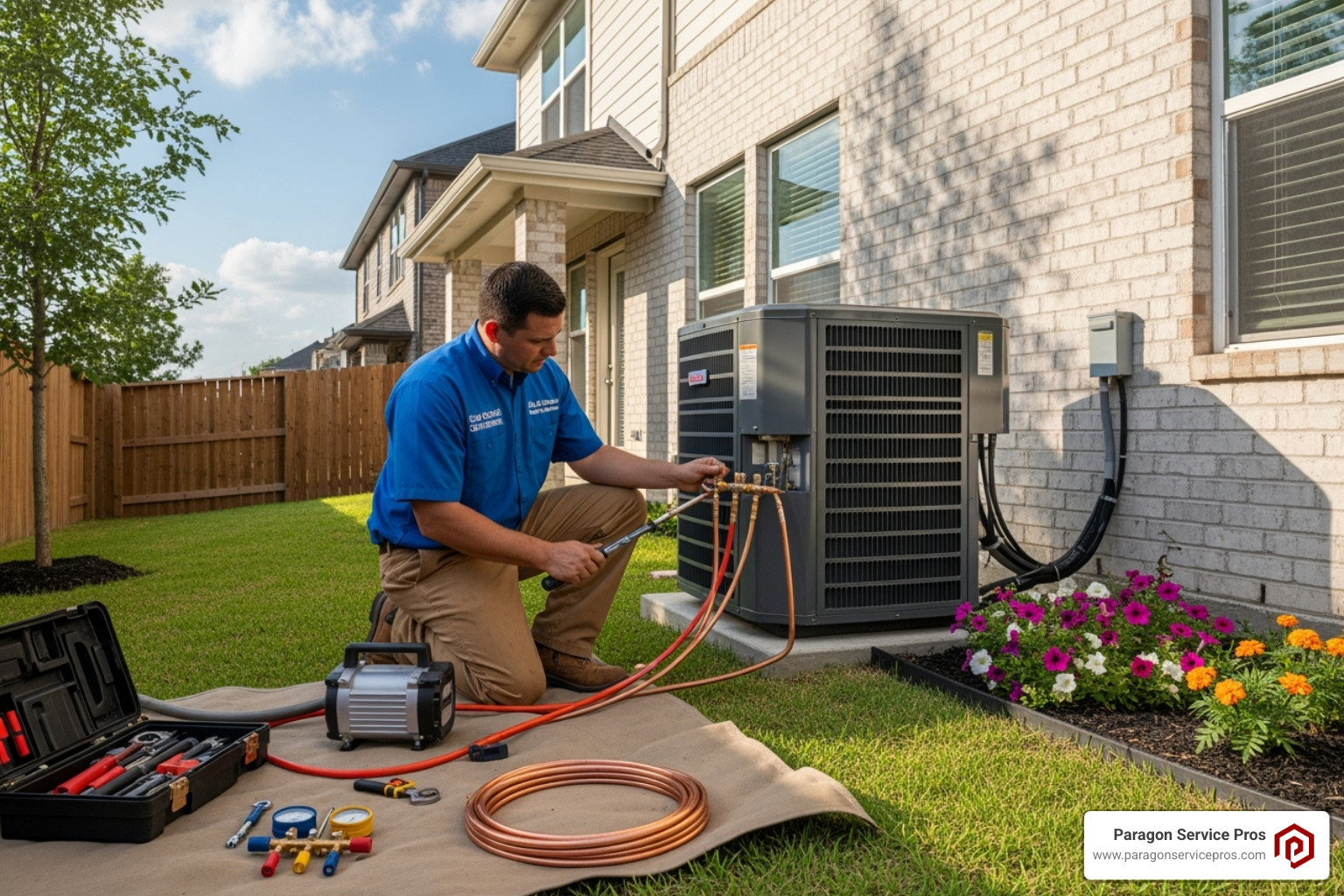 A certified technician installing an outdoor AC unit - Air conditioning install Gilbert