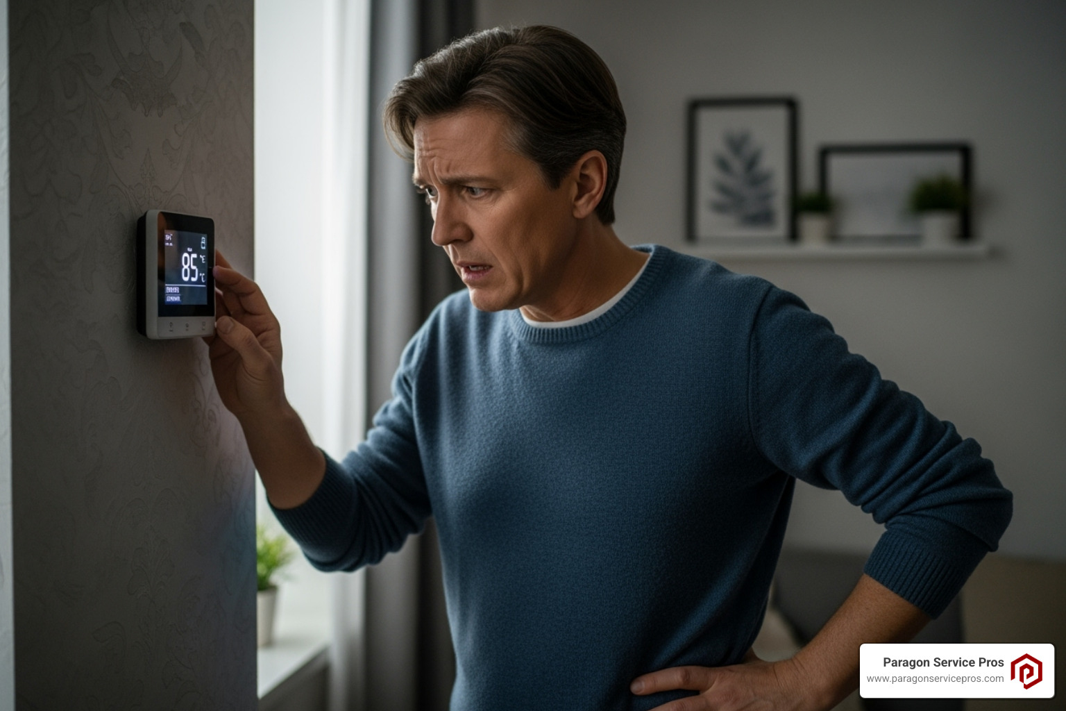 homeowner looking concerned at a thermostat - HVAC Repair in American Fork homeowner looking concerned at a thermostat - HVAC Repair in American Fork