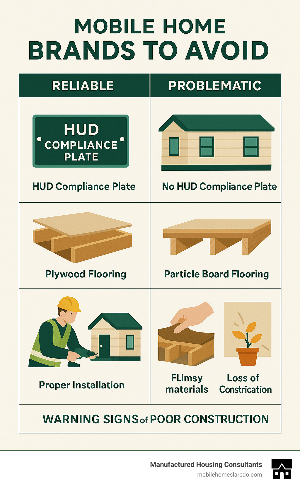 Infographic showing the key differences between reliable and problematic mobile home brands, including quality indicators like HUD compliance plates, plywood vs particle board flooring, proper installation requirements, and warning signs of poor construction such as thin carpet, flimsy materials, and plants that have lost HUD certification - mobile home brands to avoid infographic  Infographic showing the key differences between reliable and problematic mobile home brands, including quality indicators like HUD compliance plates, plywood vs particle board flooring, proper installation requirements, and warning signs of poor construction such as thin carpet, flimsy materials, and plants that have lost HUD certification - mobile home brands to avoid infographic