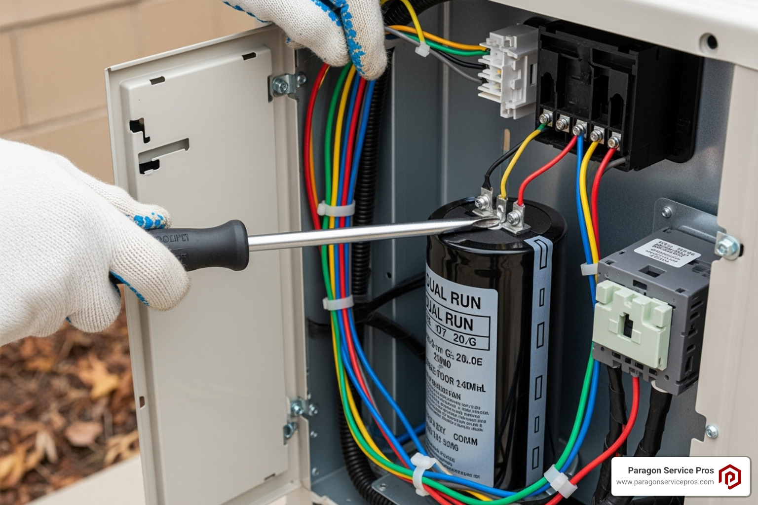 Image demonstrating how to safely discharge a dual-run capacitor with a screwdriver - AC capacitor check Image demonstrating how to safely discharge a dual-run capacitor with a screwdriver - AC capacitor check