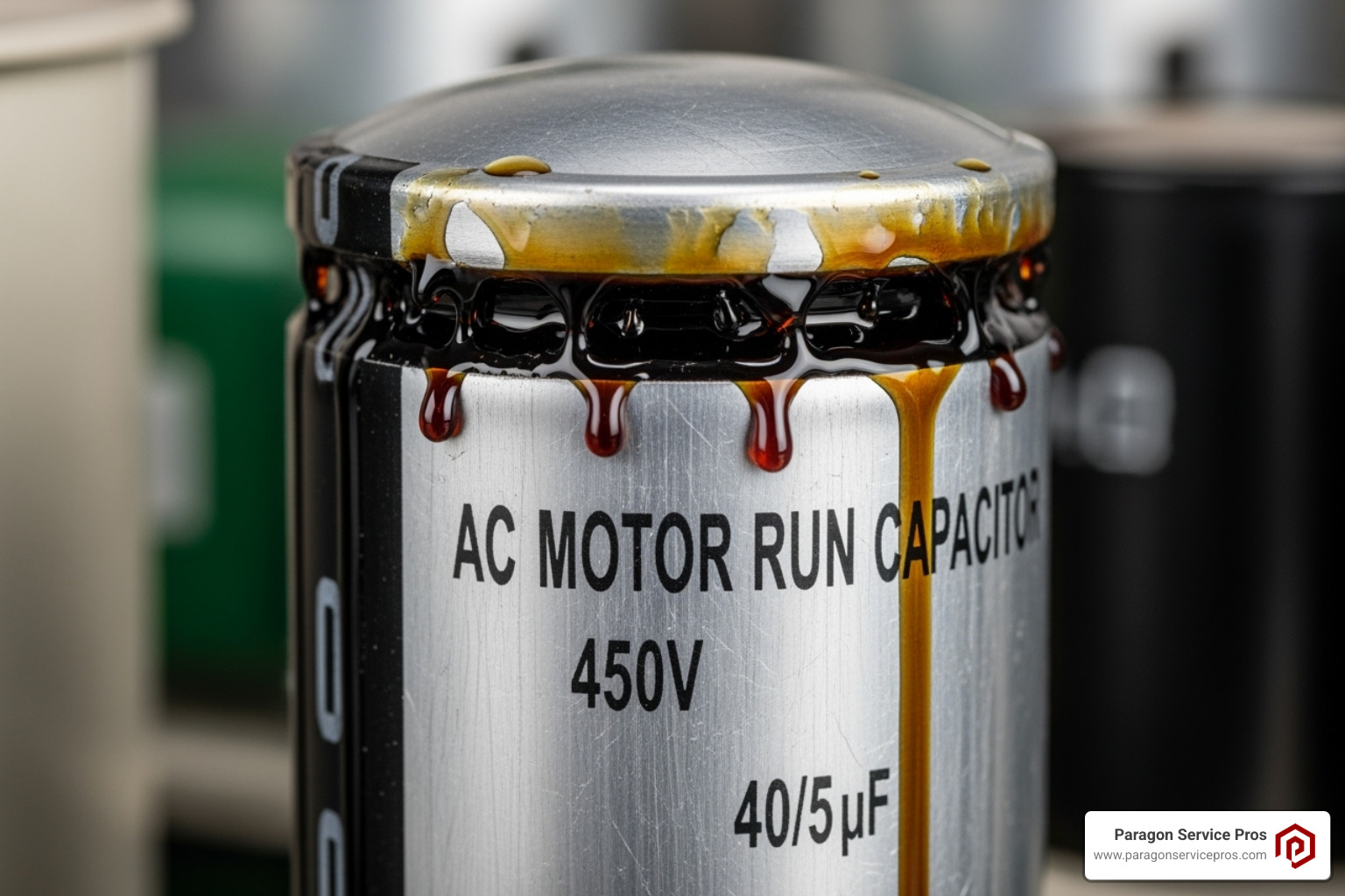 Image of a bulging and leaking capacitor - AC capacitor check Image of a bulging and leaking capacitor - AC capacitor check