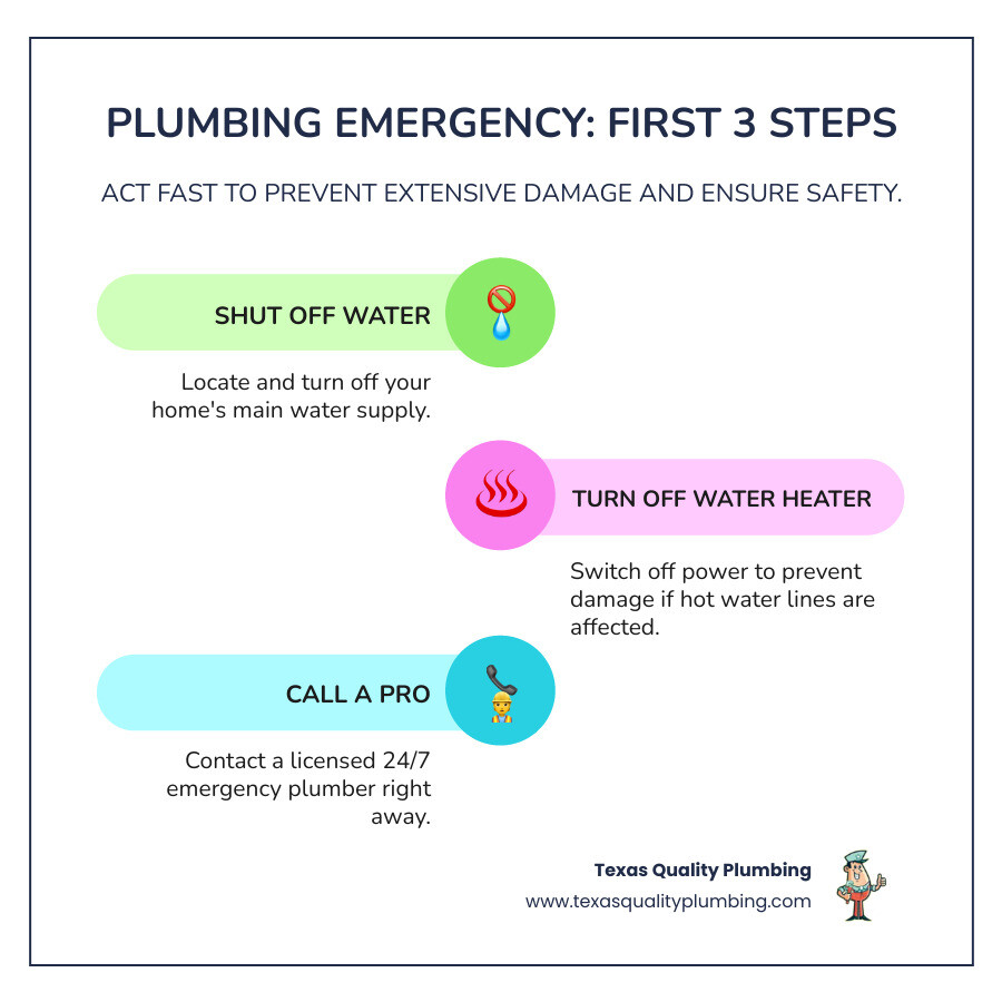 Infographic explaining the 3 immediate steps to take during a plumbing emergency (Shut off water, turn off water heater, call a professional) - emergency plumbing richmond infographic infographic-line-3-steps-colors