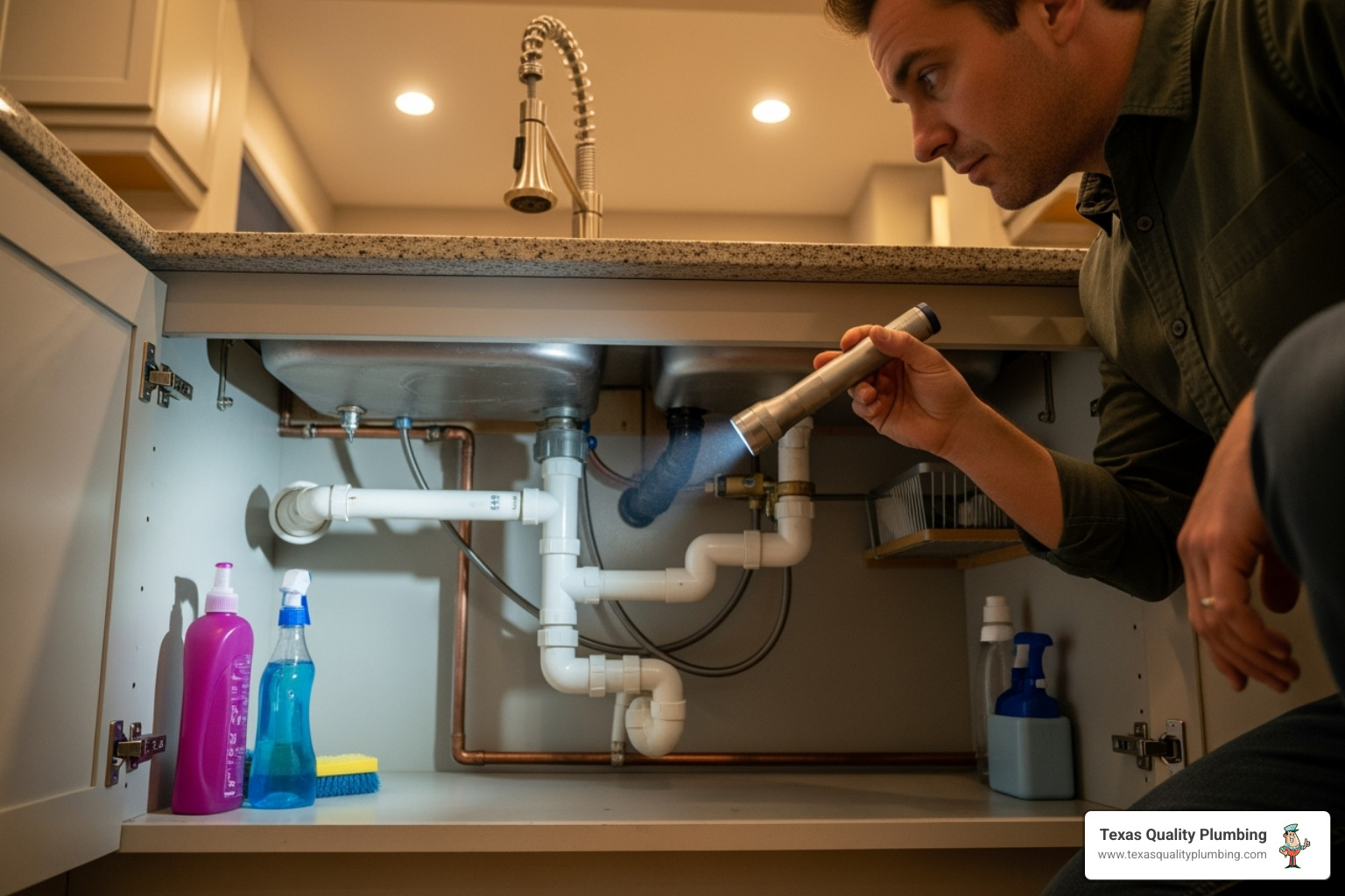 Homeowner inspecting pipes under a sink - emergency plumbing richmond