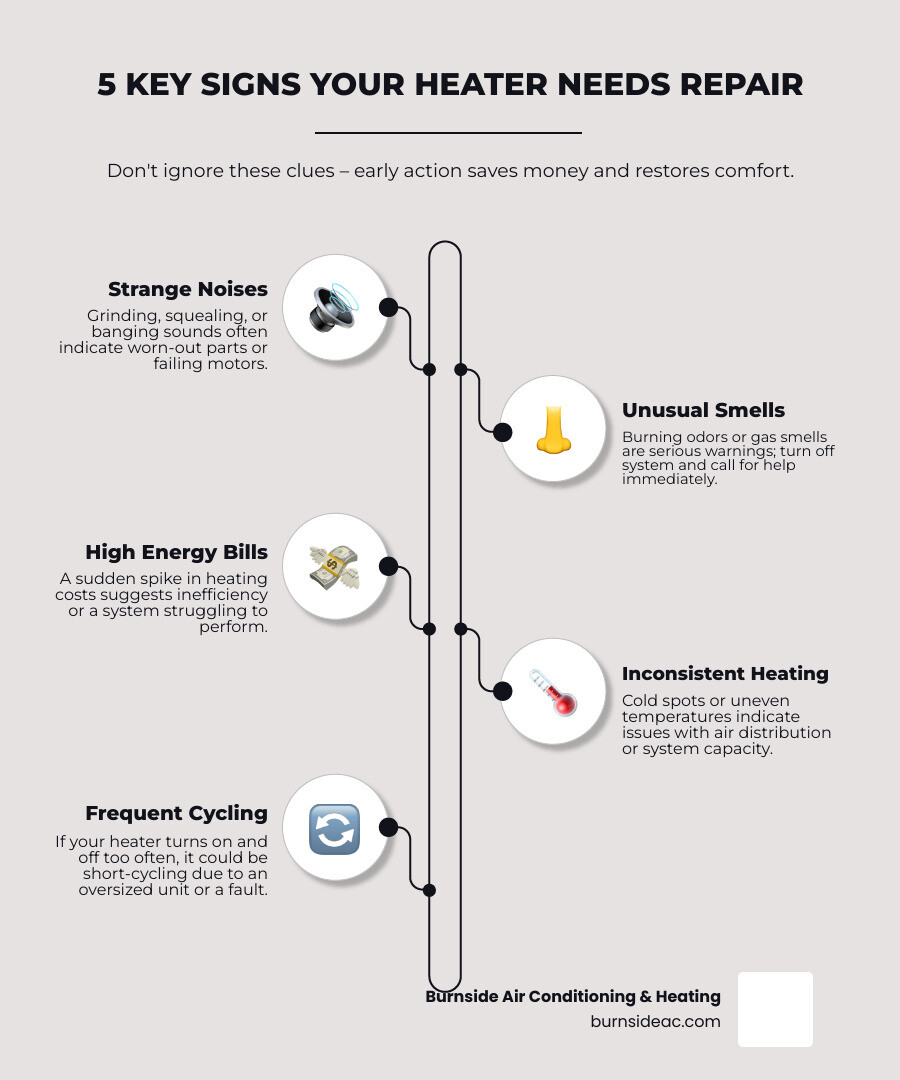 Common signs your McKinney heating system needs immediate professional attention including strange noises, unusual smells, high energy bills, uneven heating, thermostat problems, poor air quality, and frequent cycling - heating repair McKinney infographic infographic-line-5-steps-neat_beige