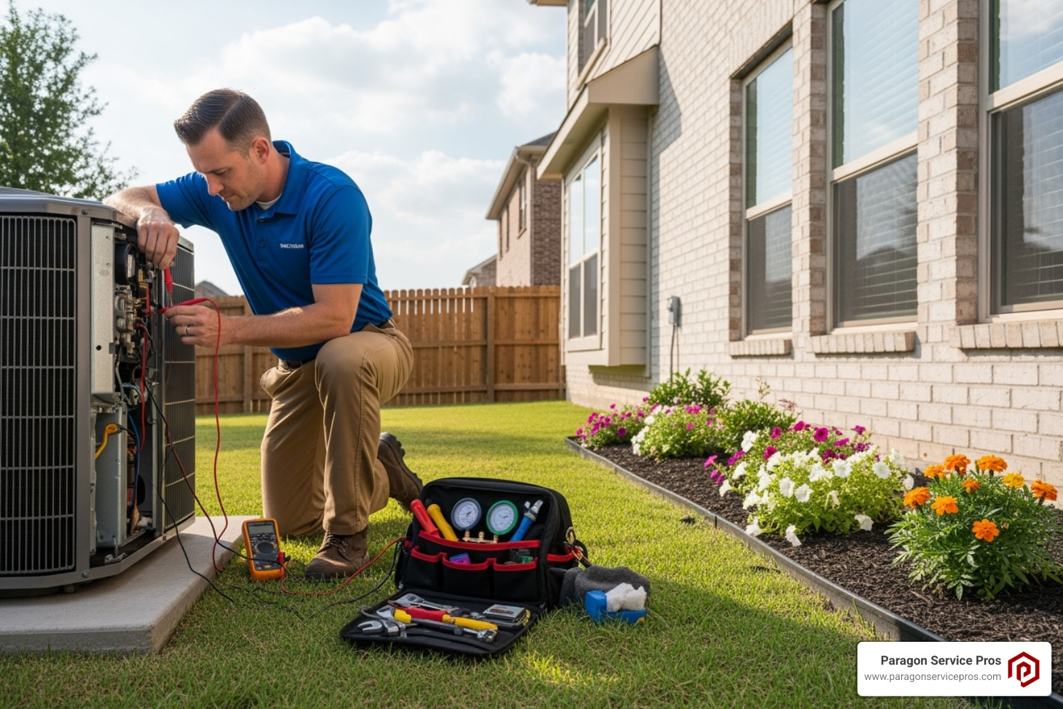 A technician performing a tune-up on an outdoor AC unit, carefully checking components. - AC maintenance agreement A technician performing a tune-up on an outdoor AC unit, carefully checking components. - AC maintenance agreement