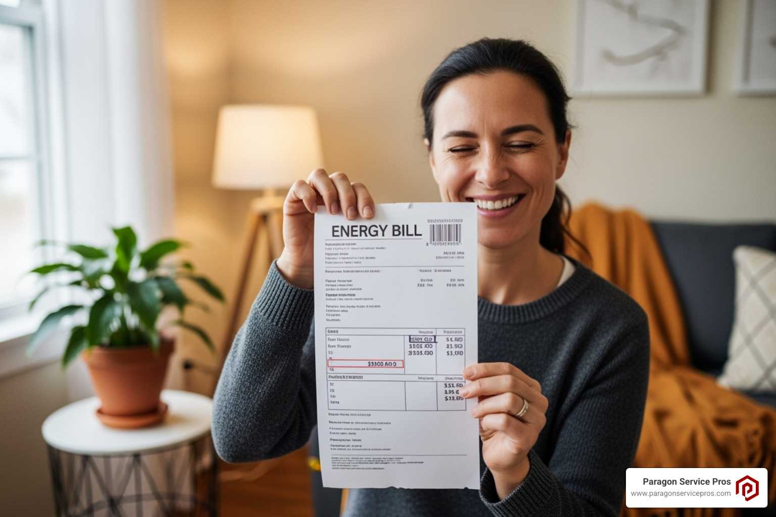 A happy homeowner smiling at a significantly lower energy bill, symbolizing the cost savings from an efficient AC unit. - AC maintenance agreement A happy homeowner smiling at a significantly lower energy bill, symbolizing the cost savings from an efficient AC unit. - AC maintenance agreement