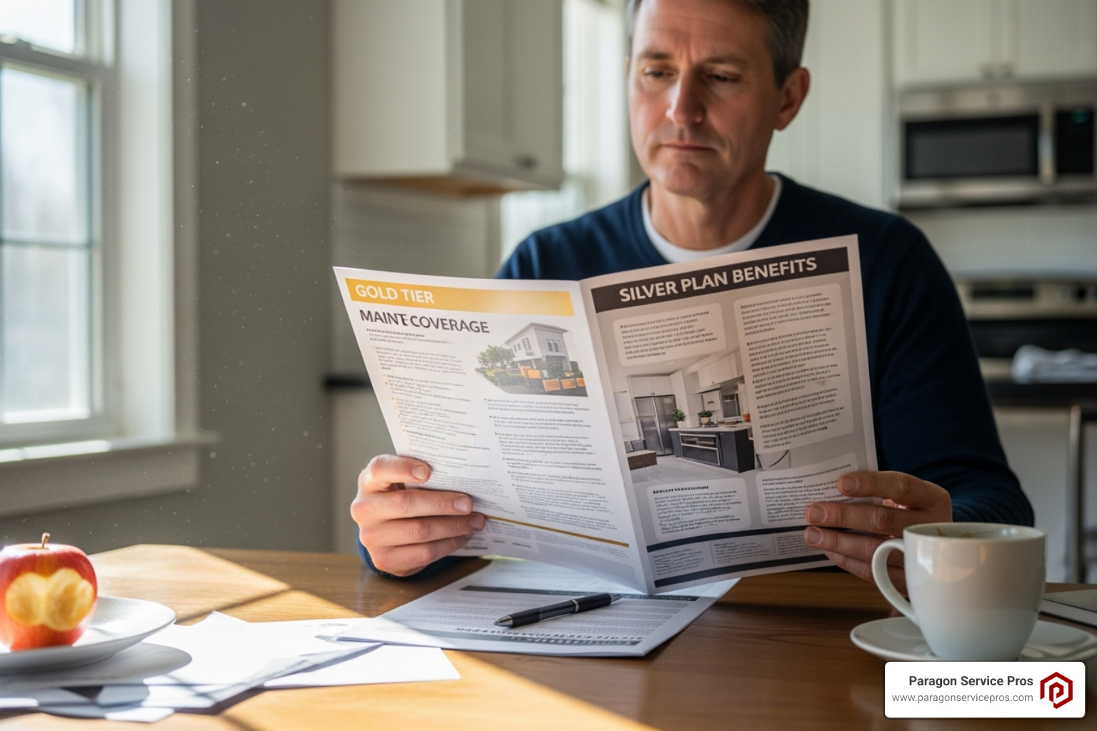 A homeowner thoughtfully comparing two different maintenance plan brochures, weighing the benefits and costs of each. - AC maintenance agreement A homeowner thoughtfully comparing two different maintenance plan brochures, weighing the benefits and costs of each. - AC maintenance agreement