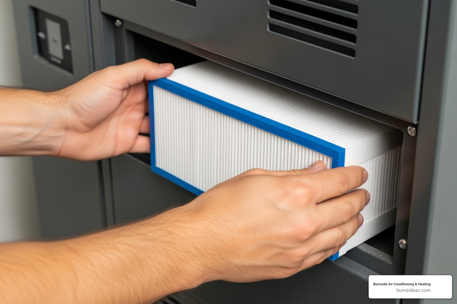 A person easily sliding a new, clean filter into a furnace - heating repair McKinney