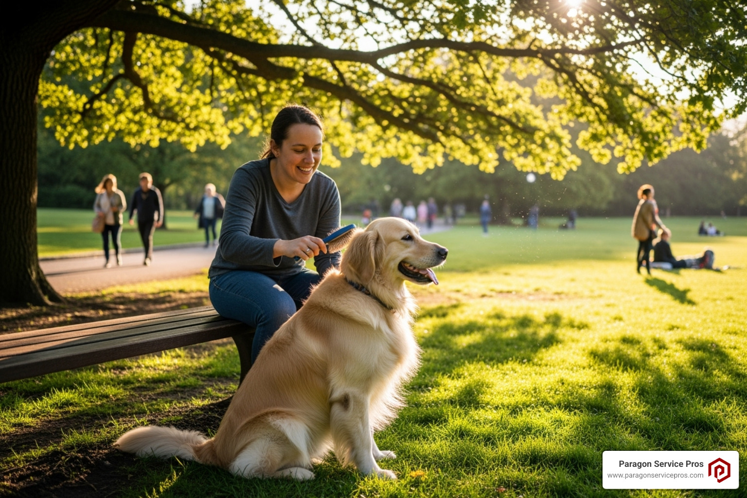 Person brushing a dog outdoors - pet dander removal Person brushing a dog outdoors - pet dander removal