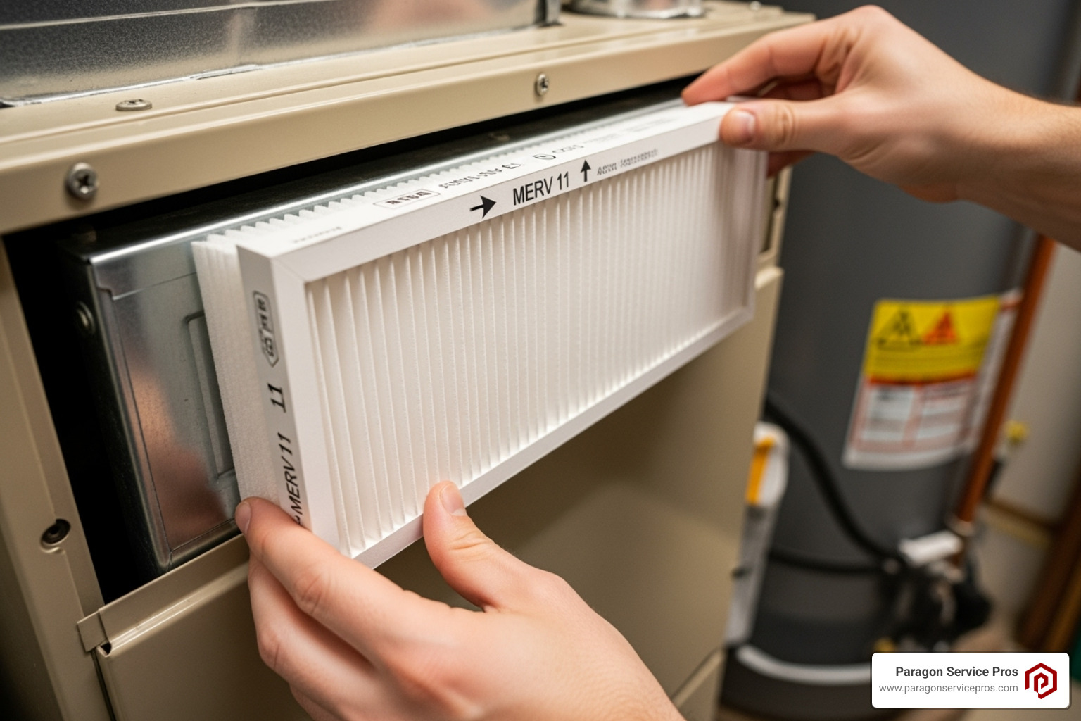 Clean HVAC air filter being installed - pet dander removal Clean HVAC air filter being installed - pet dander removal