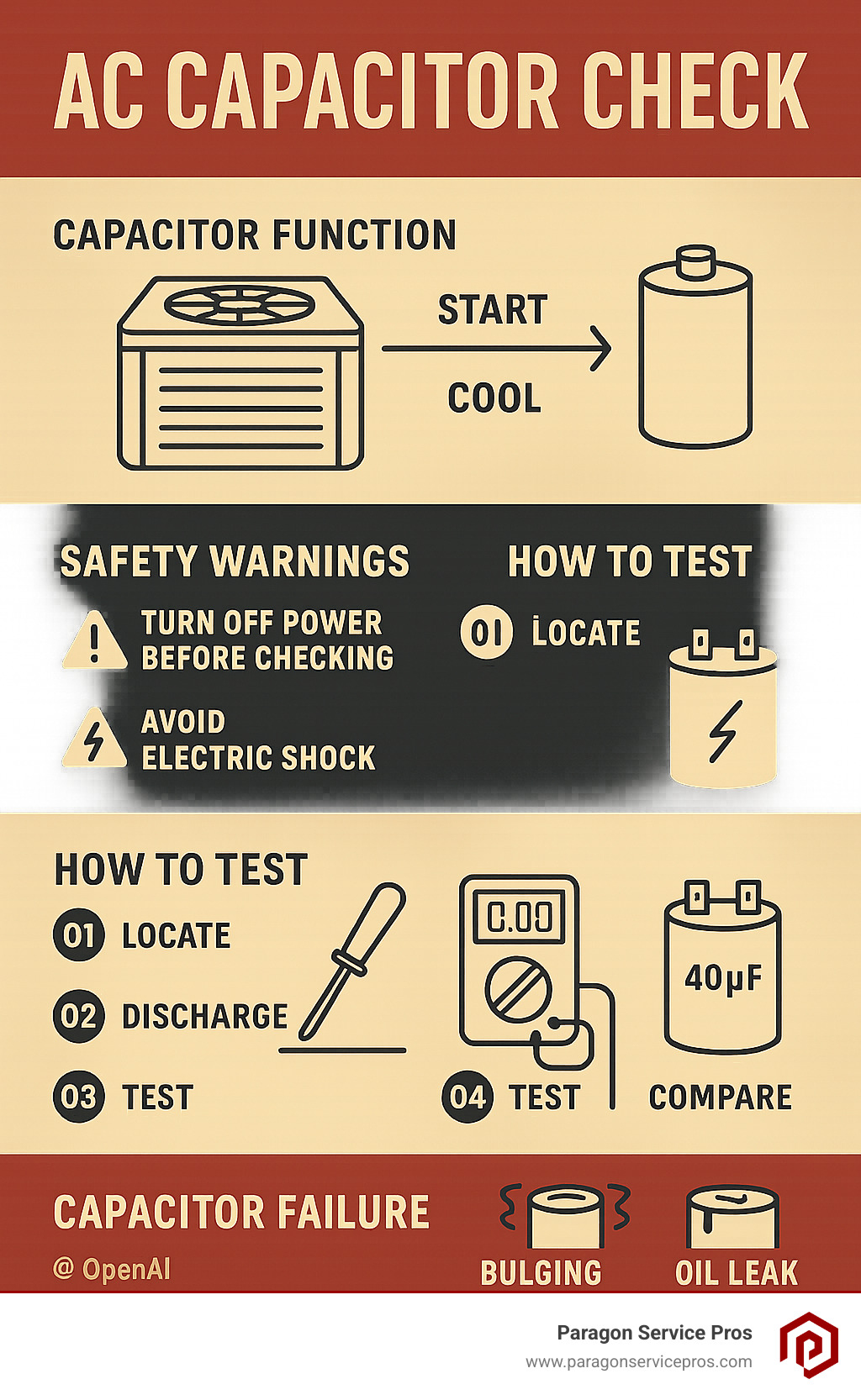 Infographic showing AC capacitor function in cooling cycle with safety warnings, multimeter testing steps, and visual indicators of capacitor failure including bulging case and oil leaks - AC capacitor check infographic Infographic showing AC capacitor function in cooling cycle with safety warnings, multimeter testing steps, and visual indicators of capacitor failure including bulging case and oil leaks - AC capacitor check infographic