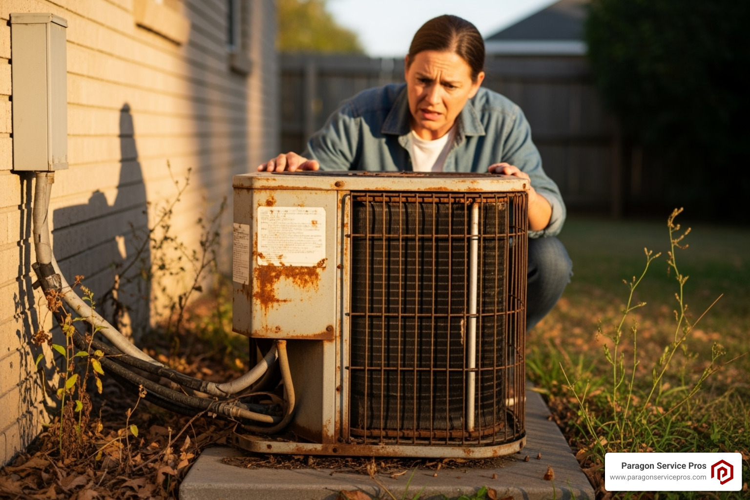 homeowner looking concerned at their old, rusty AC unit - air conditioning replacement services gilbert az homeowner looking concerned at their old, rusty AC unit - air conditioning replacement services gilbert az
