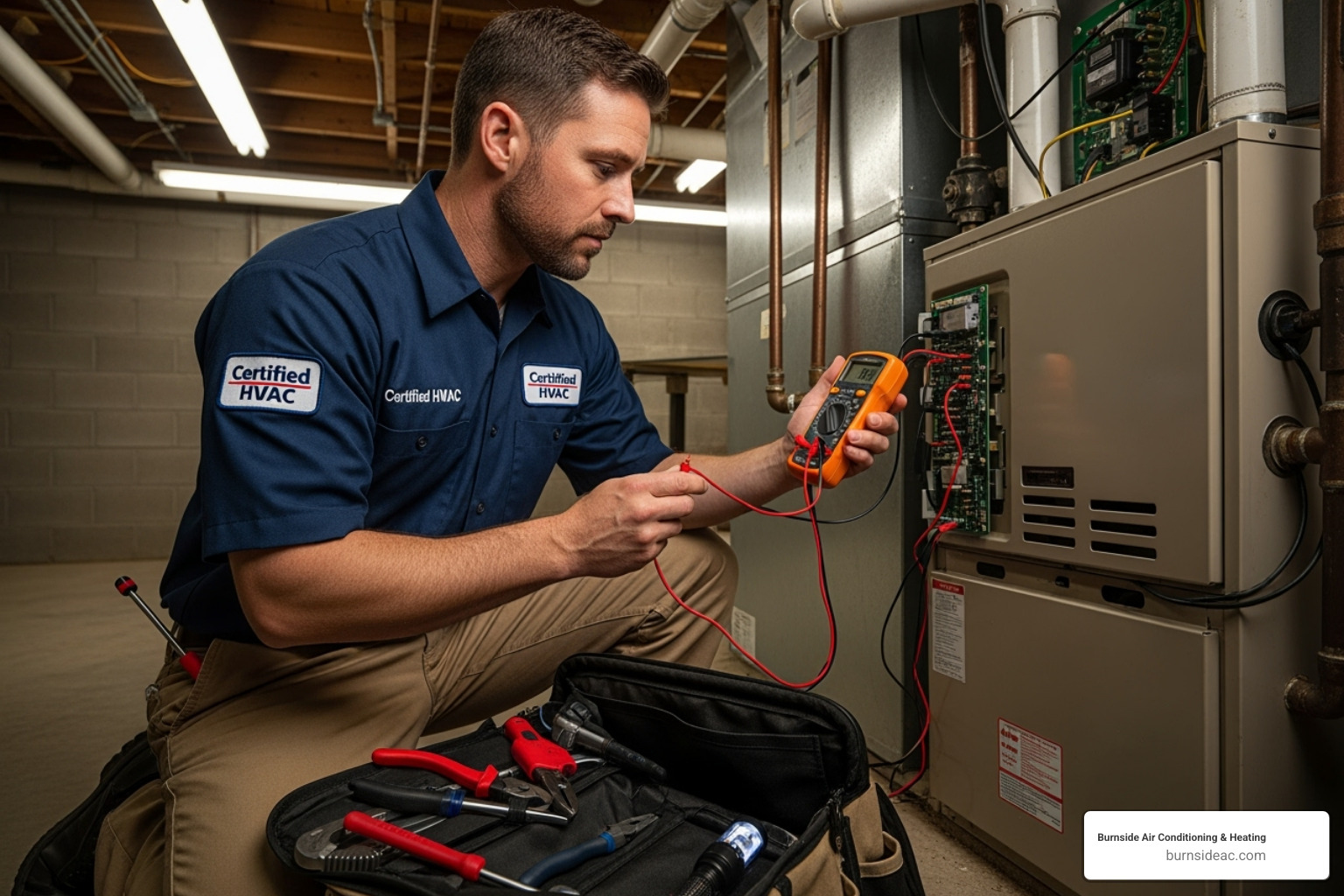 Certified HVAC technician inspecting a furnace with proper tools - heating repair plano