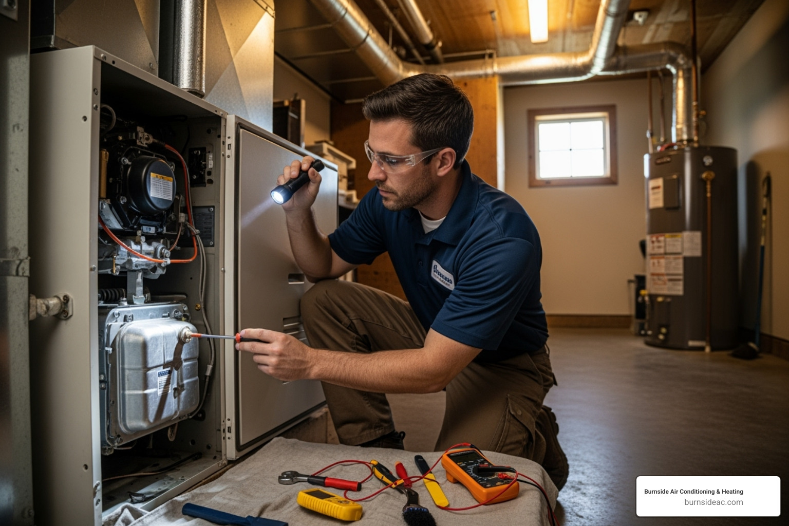Technician performing a heating system tune-up - heating repair plano