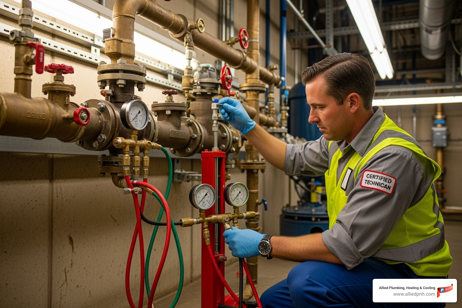 Certified technician using a backflow test kit - Backflow testing Chatham