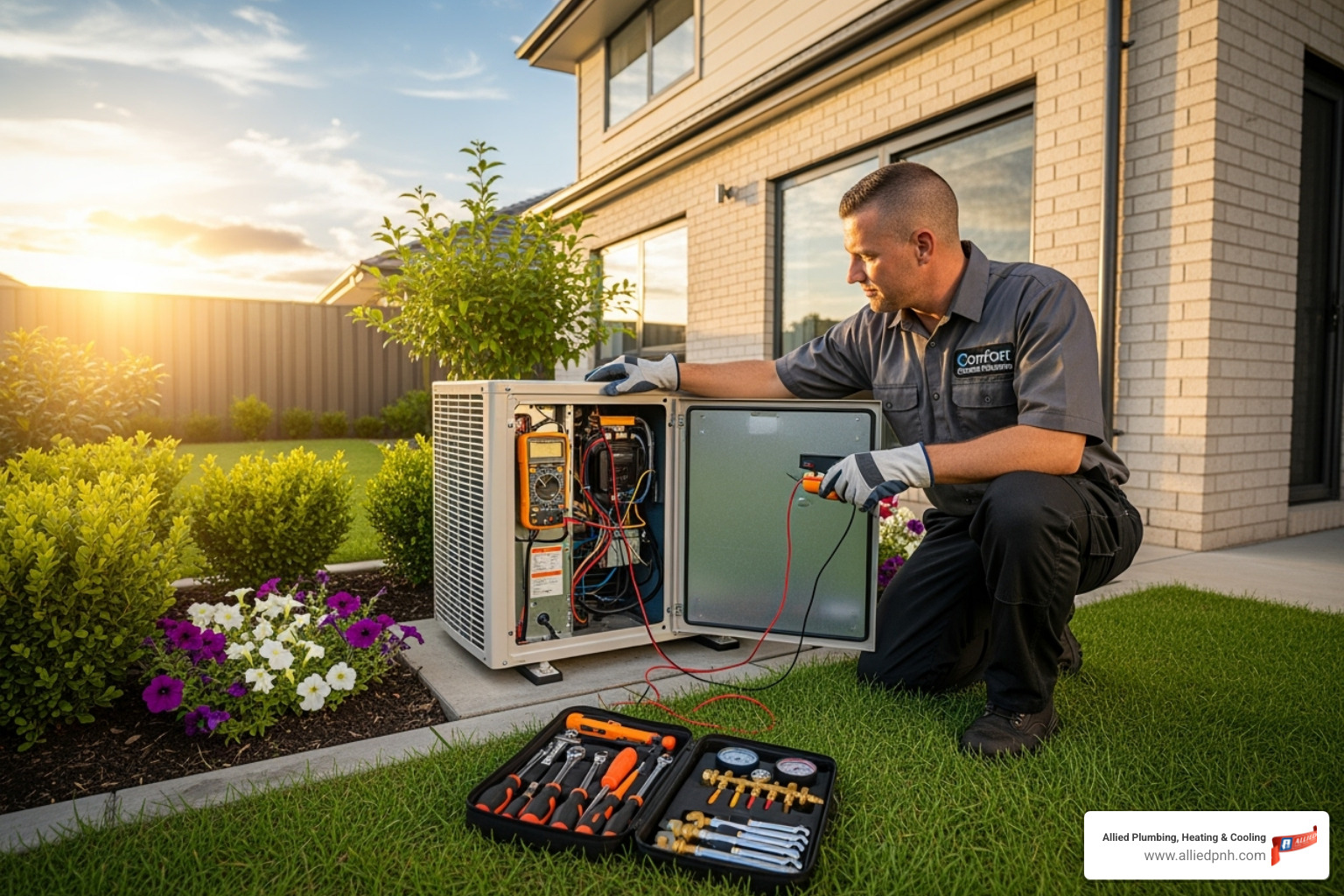 A certified HVAC technician with tools assessing an outdoor AC unit - air conditioning installers rochester