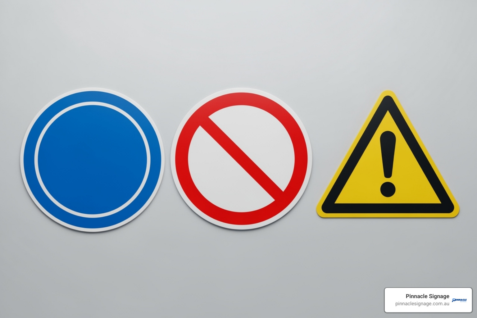 a blue mandatory sign, a red prohibition sign, and a yellow warning sign side-by-side for easy comparison - What are mandatory signs