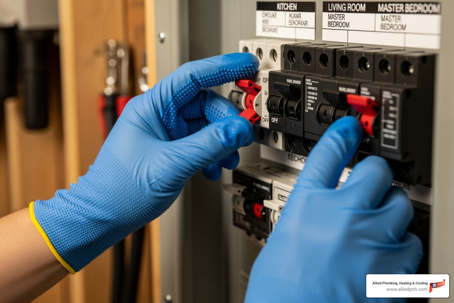 person wearing safety gloves and turning off a circuit breaker - AC making strange noises person wearing safety gloves and turning off a circuit breaker - AC making strange noises