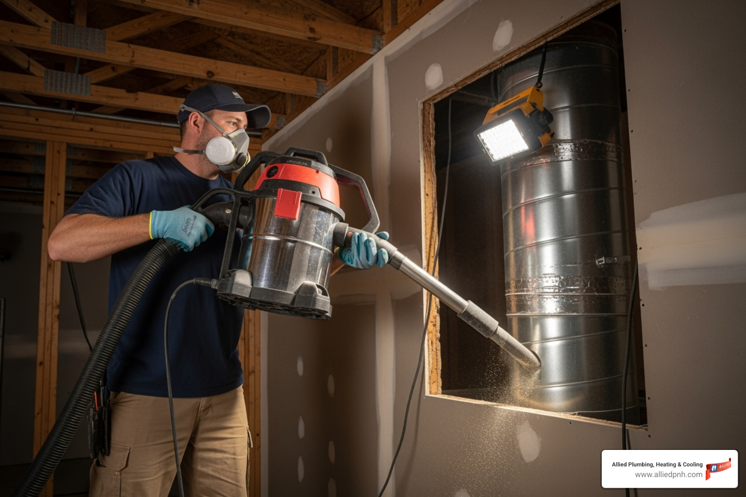 technician using a high-powered vacuum on a duct system - air duct cleaning springfield