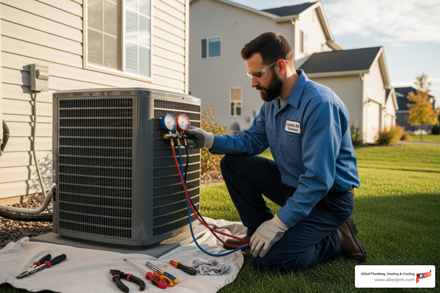 certified technician servicing an AC unit - rochester air conditioning certified technician servicing an AC unit - rochester air conditioning
