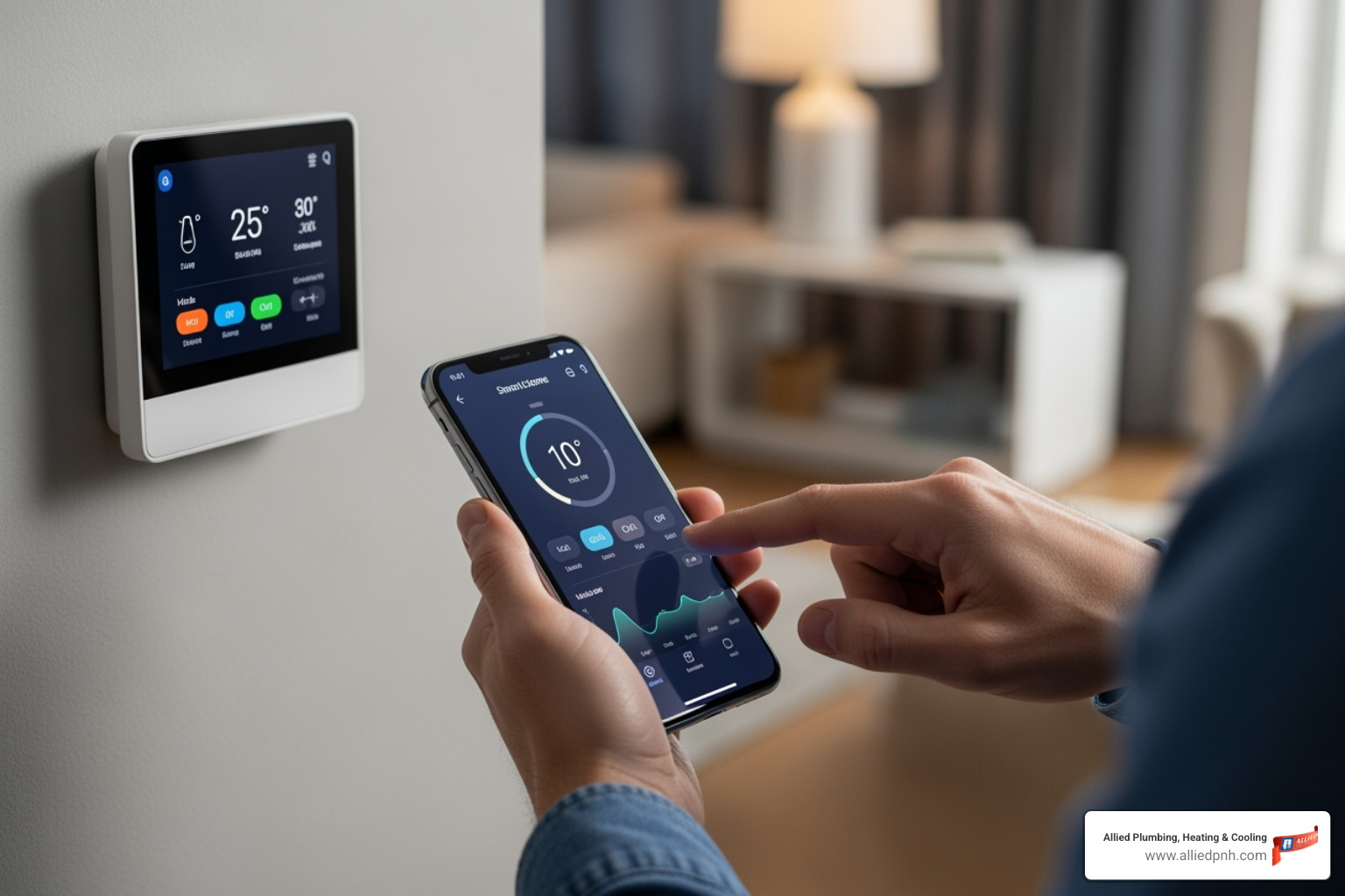 homeowner adjusting a smart thermostat on their phone - rochester air conditioning homeowner adjusting a smart thermostat on their phone - rochester air conditioning