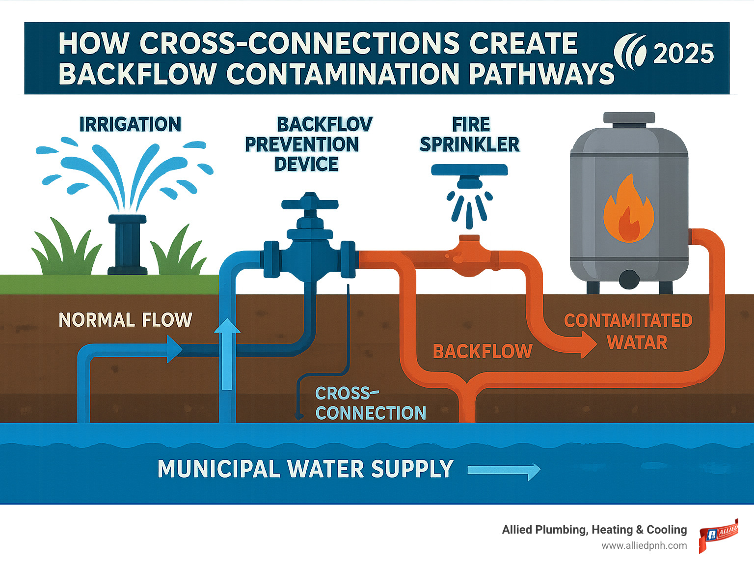 Detailed infographic showing how cross-connections create backflow contamination pathways from irrigation systems, fire sprinklers, and boiler systems back into the municipal water supply, with arrows indicating normal flow versus backflow scenarios - Backflow testing Chatham infographic 
