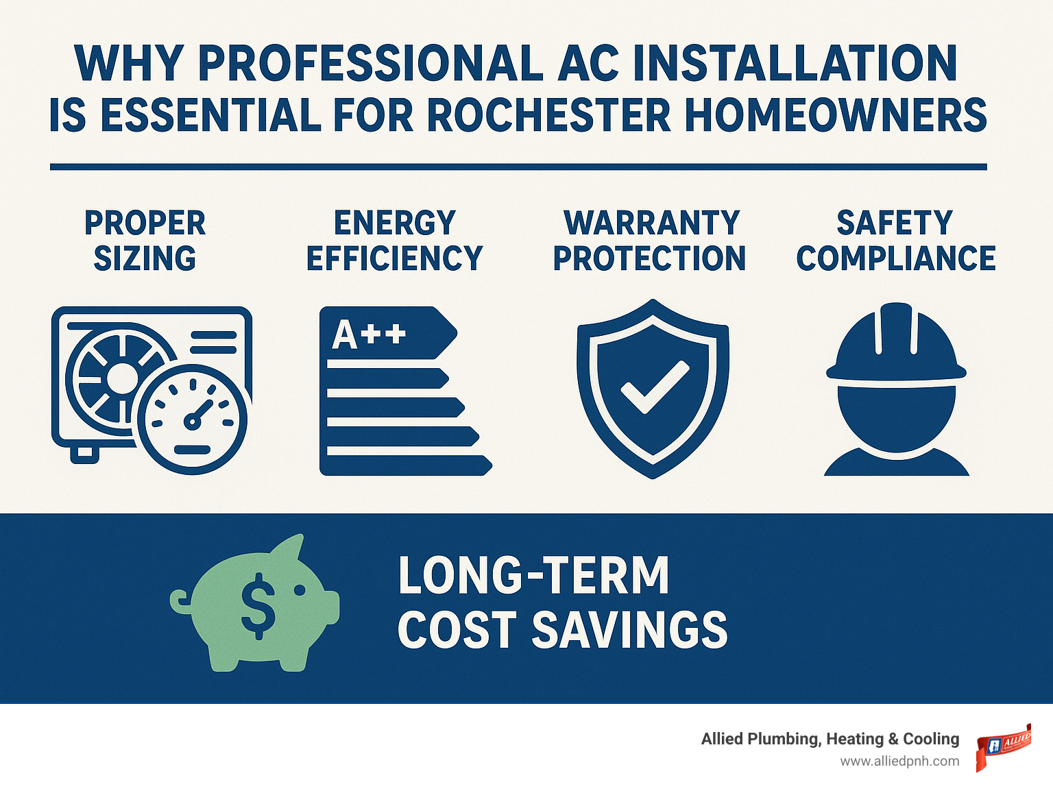 Comprehensive guide showing the benefits of professional AC installation including proper sizing, energy efficiency ratings, warranty protection, safety compliance, and long-term cost savings for Rochester homeowners - air conditioning installers rochester infographic 