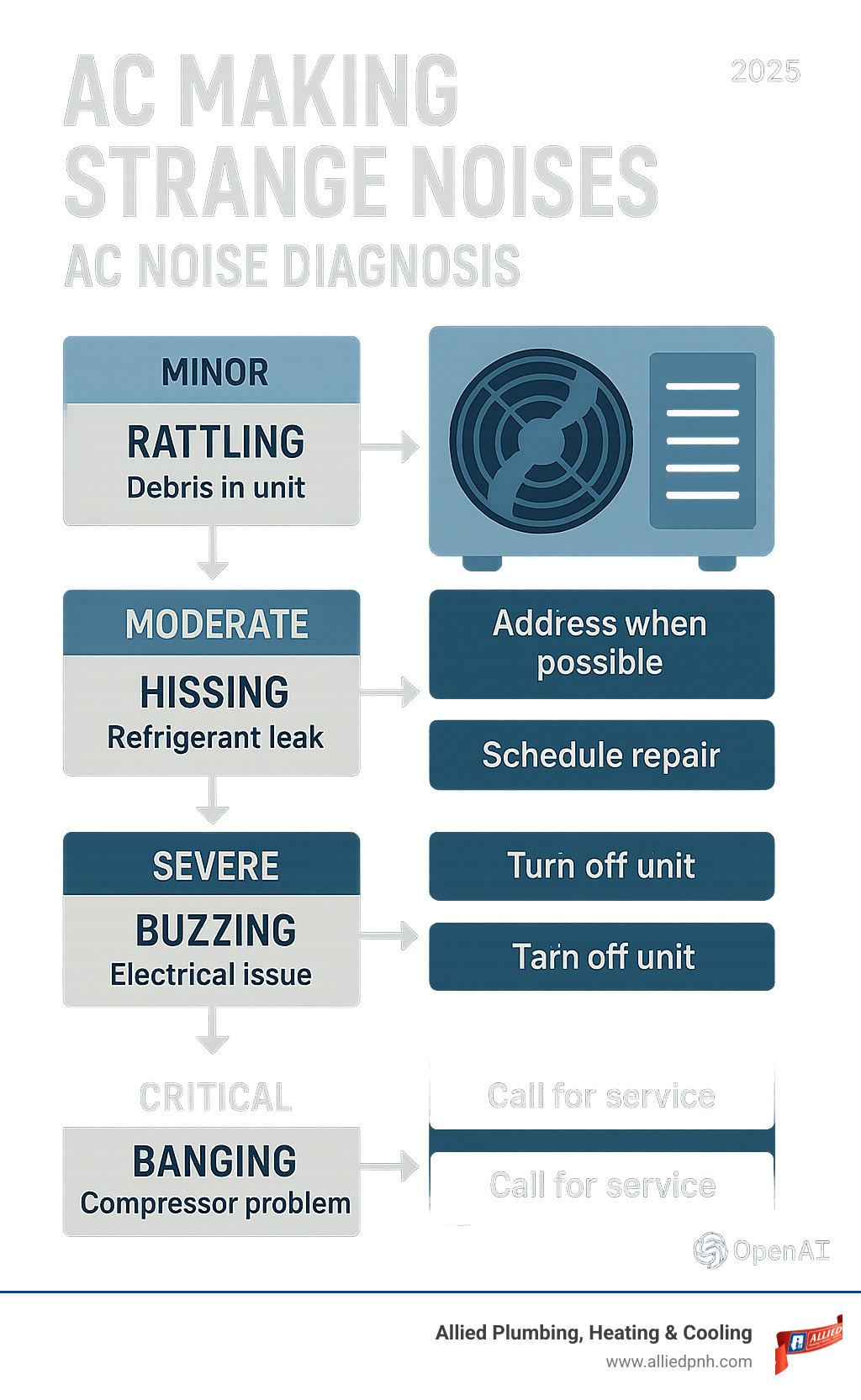 Infographic showing AC noise diagnosis flowchart with severity levels from minor debris rattling to critical electrical buzzing and compressor banging, including recommended actions for each noise type - AC making strange noises infographic Infographic showing AC noise diagnosis flowchart with severity levels from minor debris rattling to critical electrical buzzing and compressor banging, including recommended actions for each noise type - AC making strange noises infographic