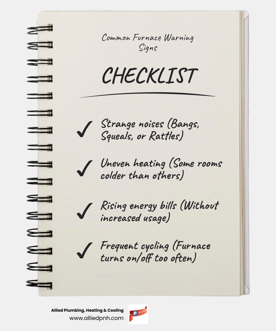 Infographic showing common furnace warning signs including strange noises from unit, uneven room temperatures, yellow pilot light flame, frequent on-off cycling, dusty air from vents, and rising utility bills with recommended action steps - furnace repair sherman infographic checklist-notebook