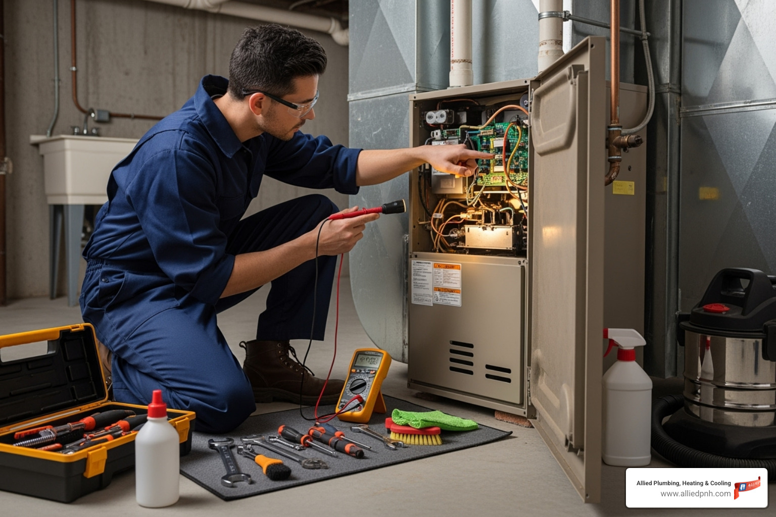 A technician is shown performing a routine check on a furnace, with tools laid out neatly beside them - furnace repair sherman