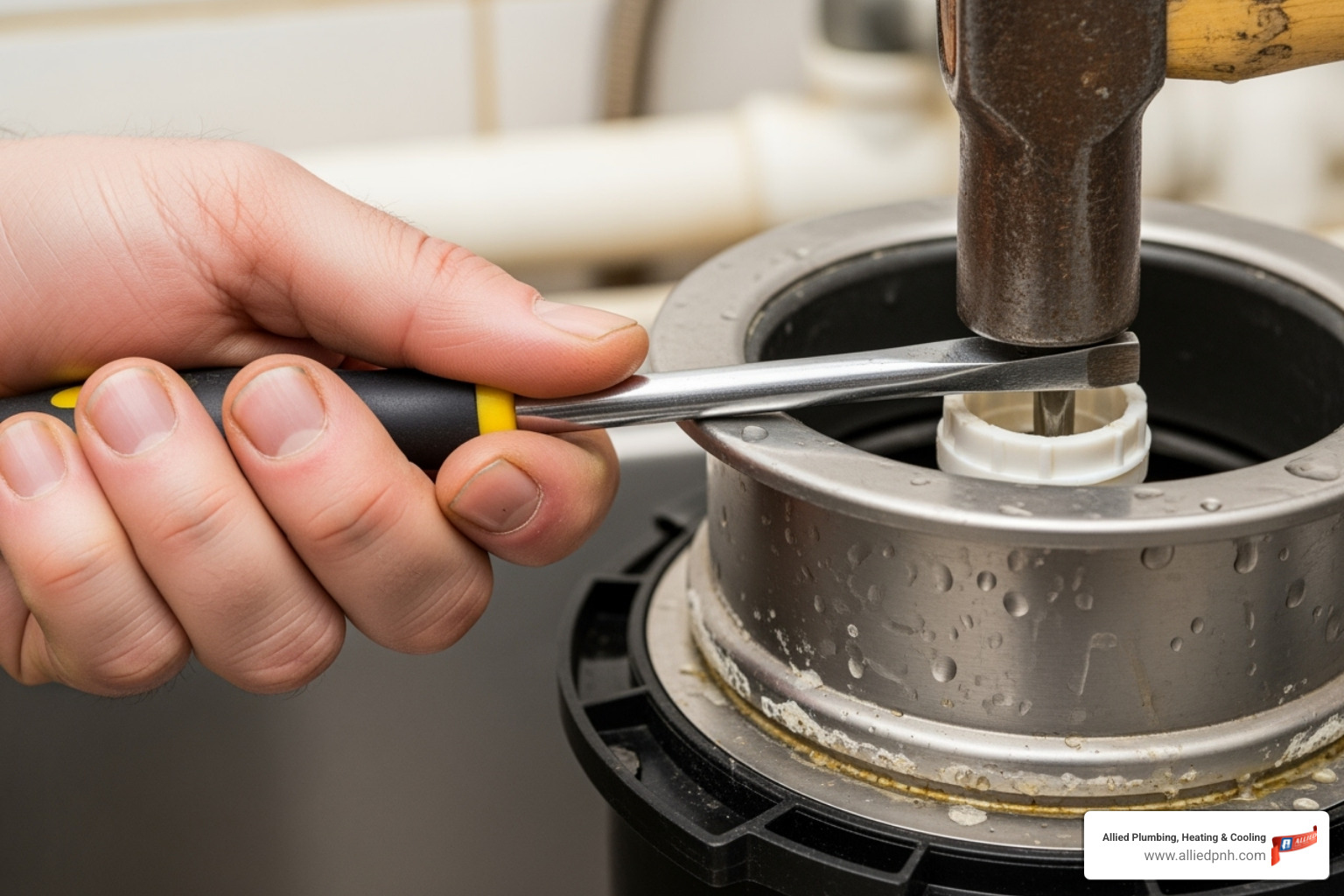 dishwasher knockout plug being removed with a screwdriver - Garbage disposal installation