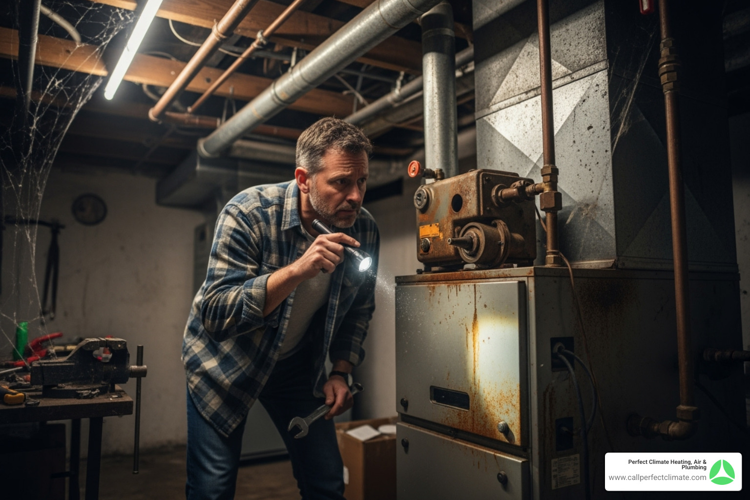 Homeowner looking at an old furnace - HVAC repair Evansville IN Homeowner looking at an old furnace - HVAC repair Evansville IN