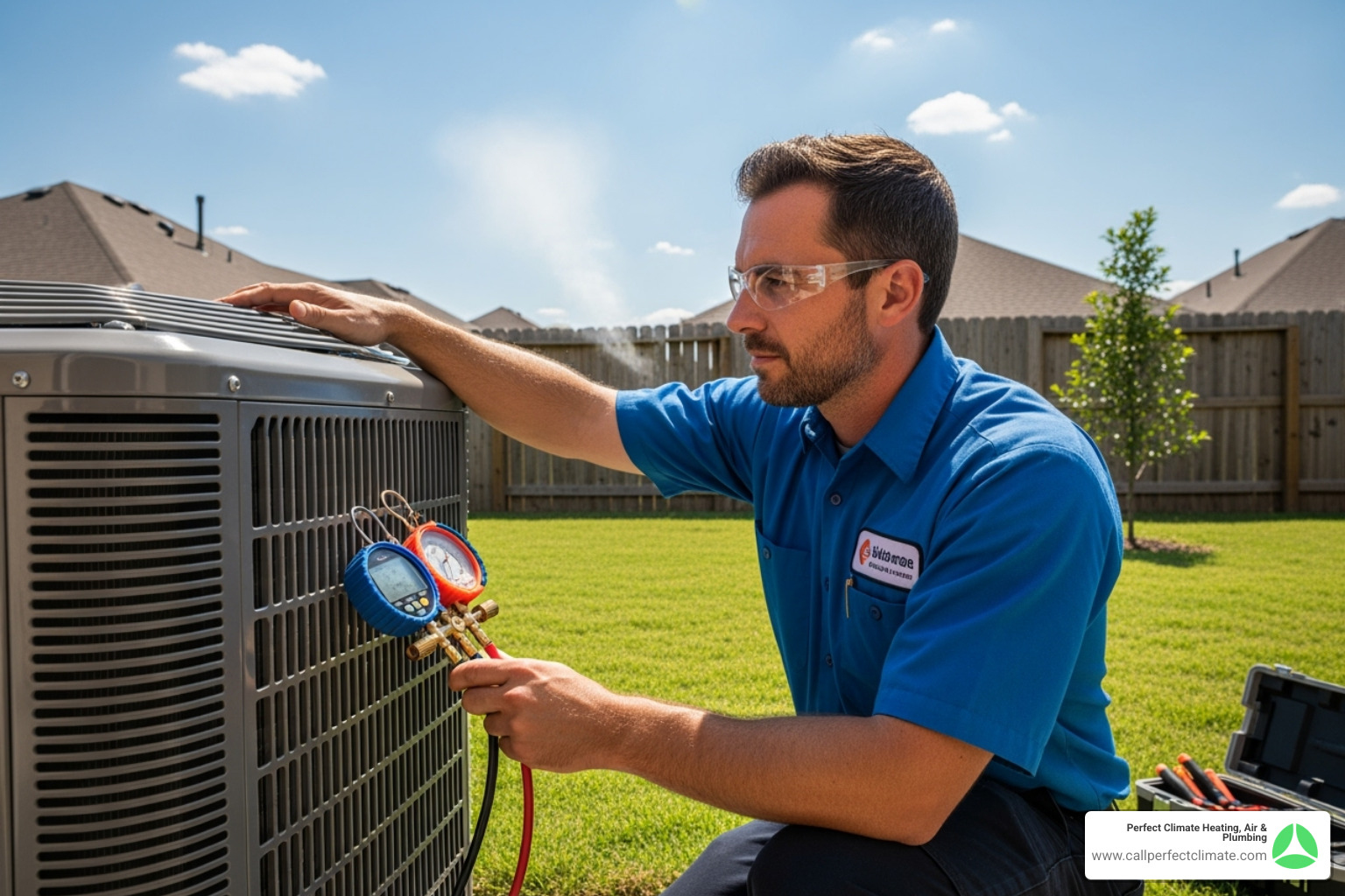 Technician inspecting an outdoor AC unit during summer - HVAC repair Evansville IN Technician inspecting an outdoor AC unit during summer - HVAC repair Evansville IN