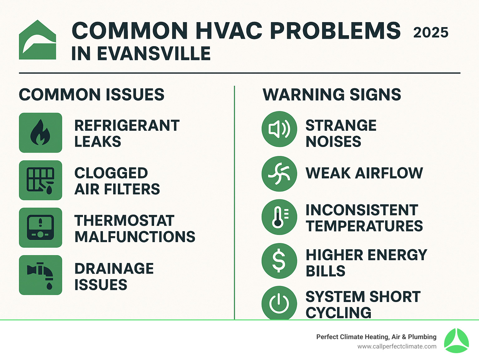 Comprehensive guide showing common HVAC problems in Evansville including refrigerant leaks, clogged air filters, thermostat malfunctions, drainage issues, and warning signs like strange noises, weak airflow, inconsistent temperatures, higher energy bills, and system short cycling - HVAC repair Evansville IN infographic  Comprehensive guide showing common HVAC problems in Evansville including refrigerant leaks, clogged air filters, thermostat malfunctions, drainage issues, and warning signs like strange noises, weak airflow, inconsistent temperatures, higher energy bills, and system short cycling - HVAC repair Evansville IN infographic