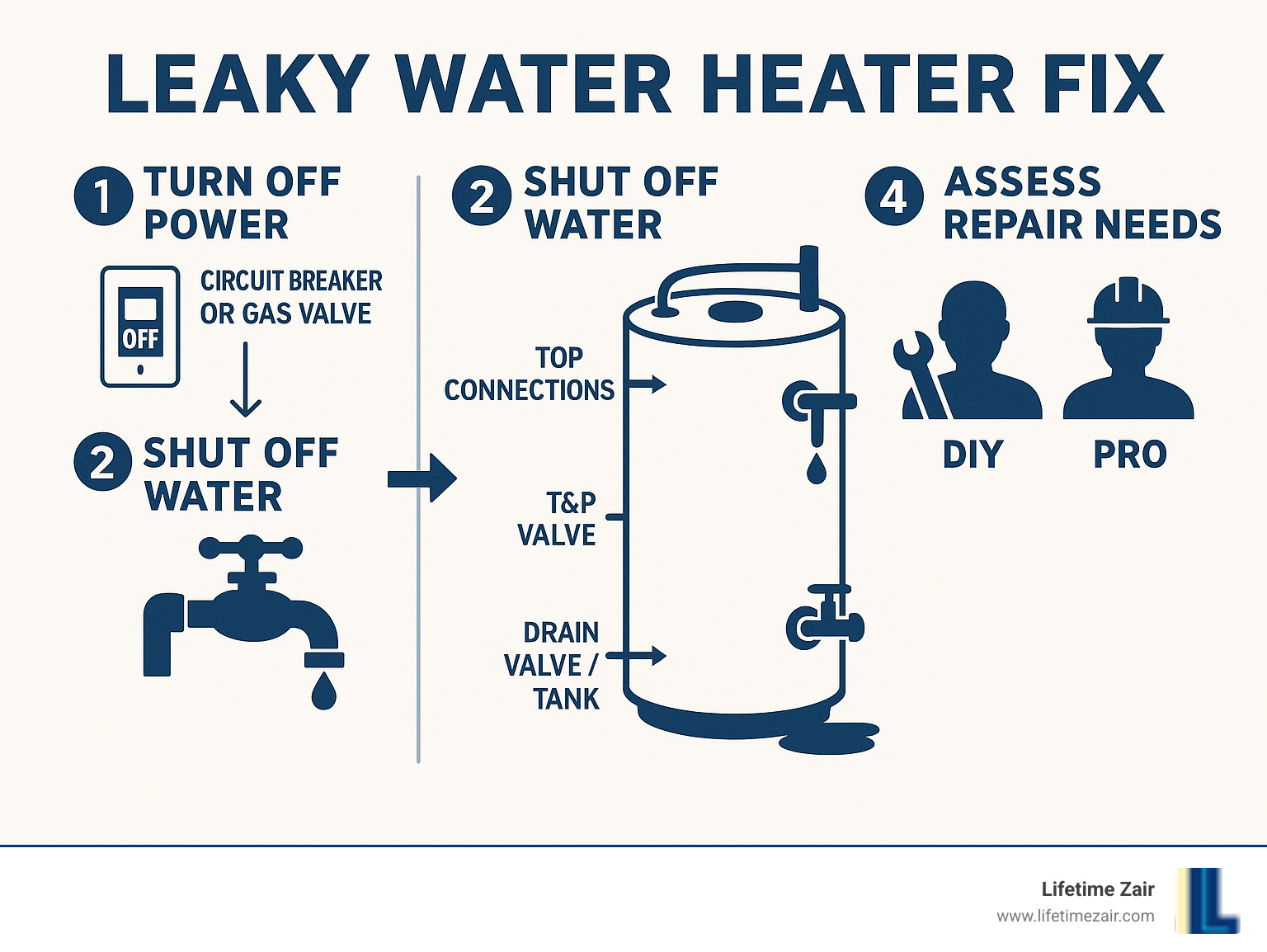 Infographic showing immediate water heater leak response: 1) Turn off circuit breaker or gas valve, 2) Shut off cold water inlet valve, 3) Identify leak location - top connections, side T&P valve, or bottom drain valve/tank, 4) Assess if DIY-fixable or requires professional help - leaky water heater fix infographic 