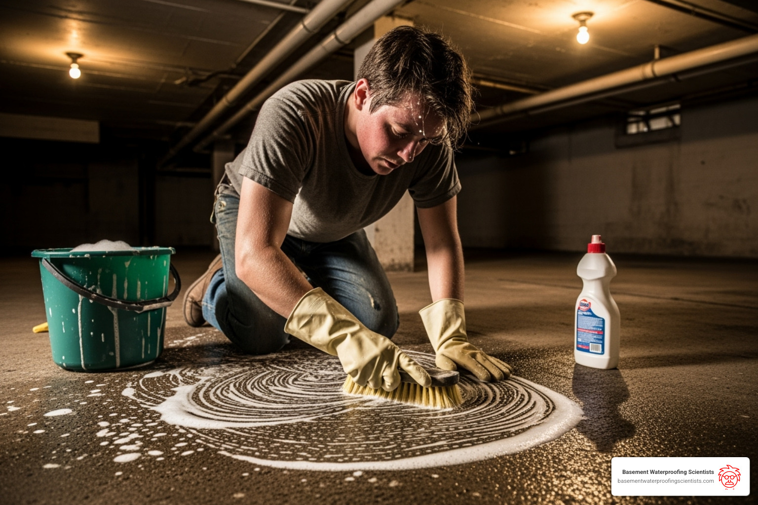 person cleaning a concrete floor with a stiff brush - prepping basement floor for epoxy
