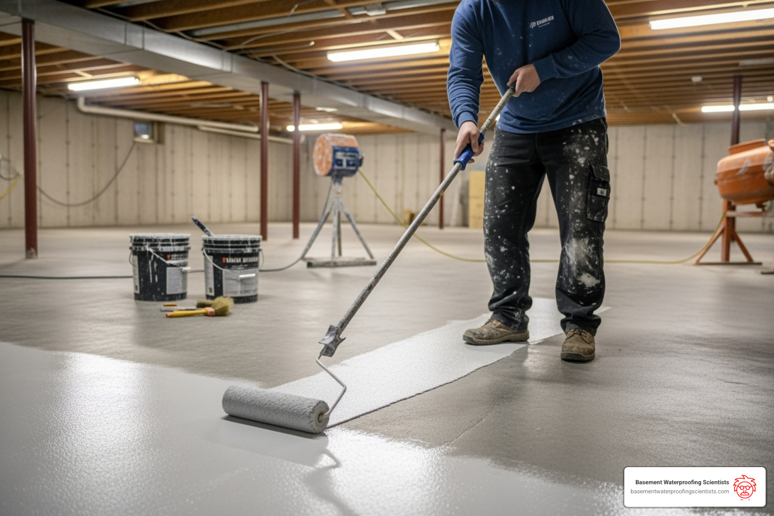 person applying primer to a prepped concrete floor - prepping basement floor for epoxy