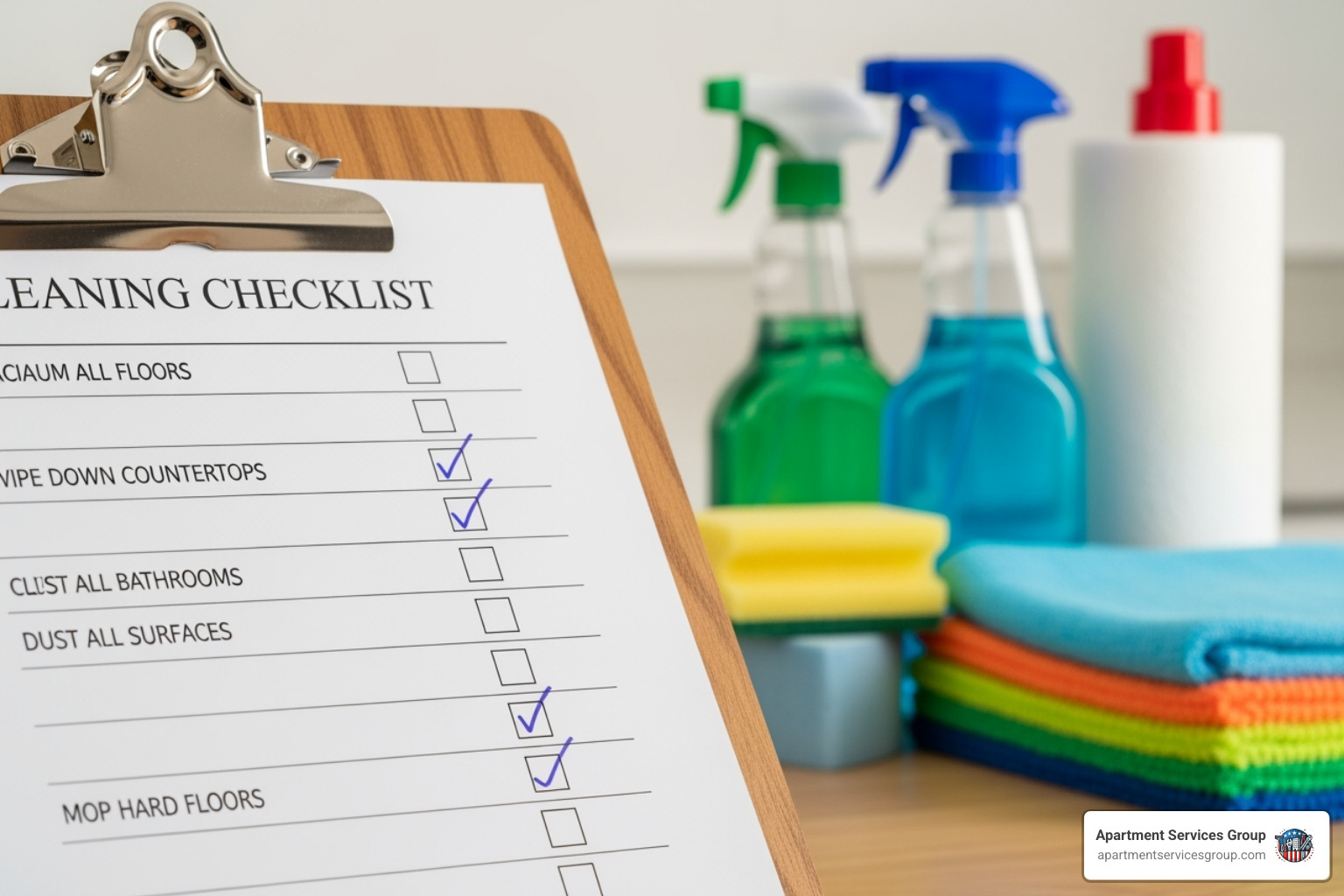 Detailed cleaning checklist on a clipboard with cleaning supplies in the background - turnover cleaning meaning