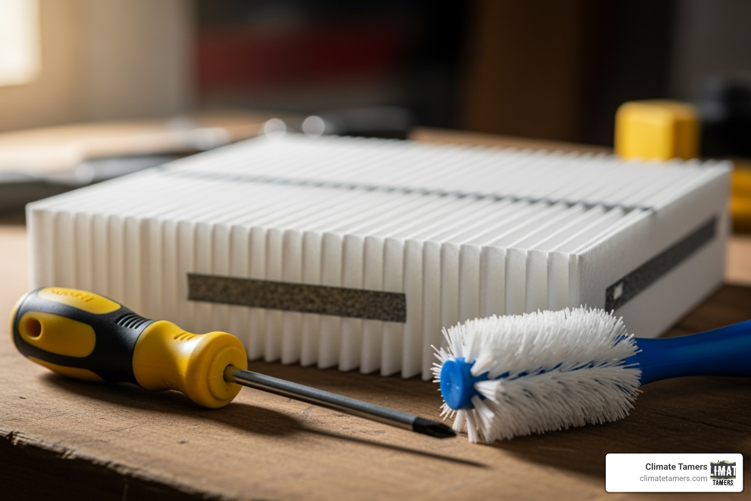 Homeowner's toolkit with a screwdriver, new air filter, and cleaning brush - AC blowing warm air