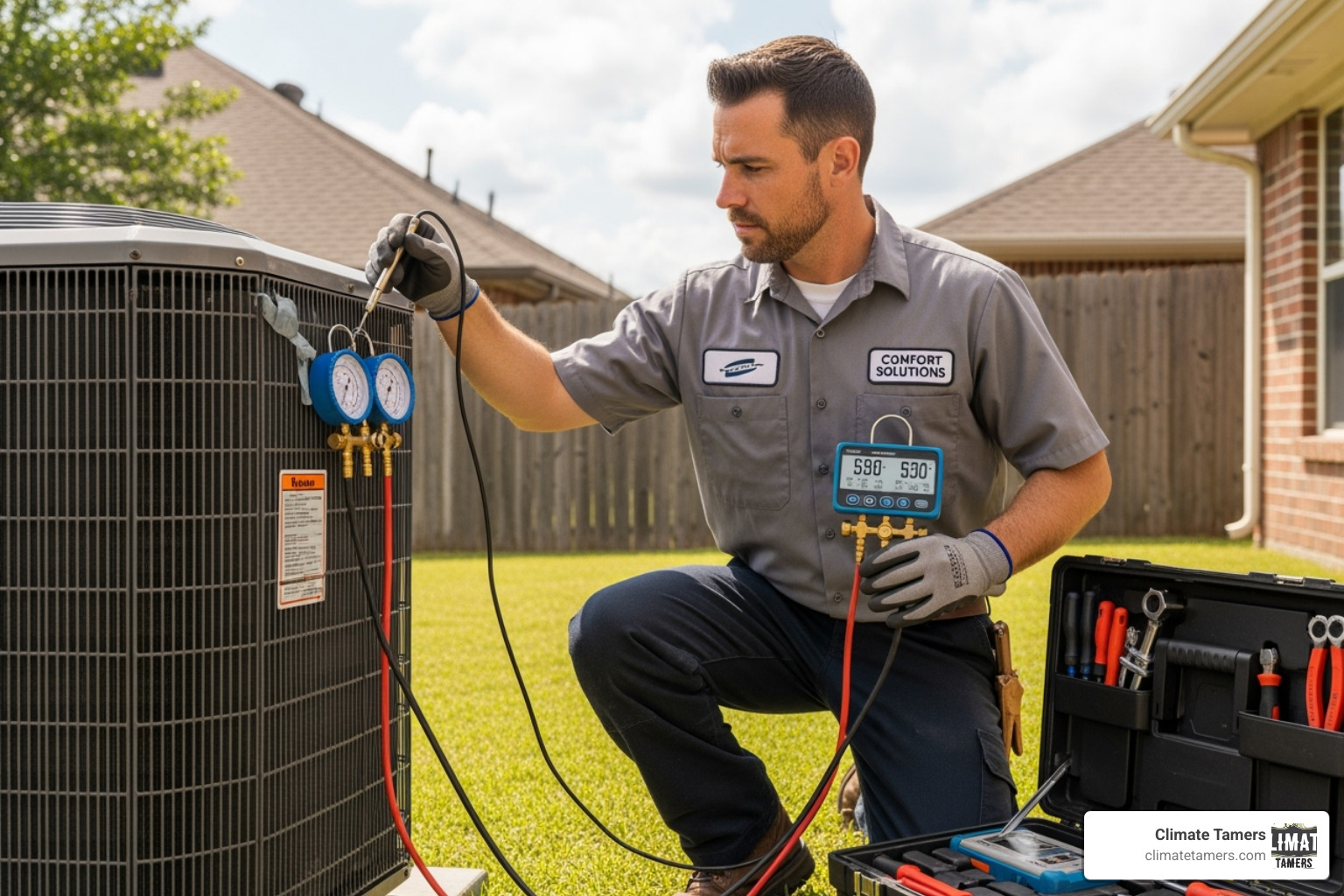 Professional HVAC technician with diagnostic tools - AC blowing warm air