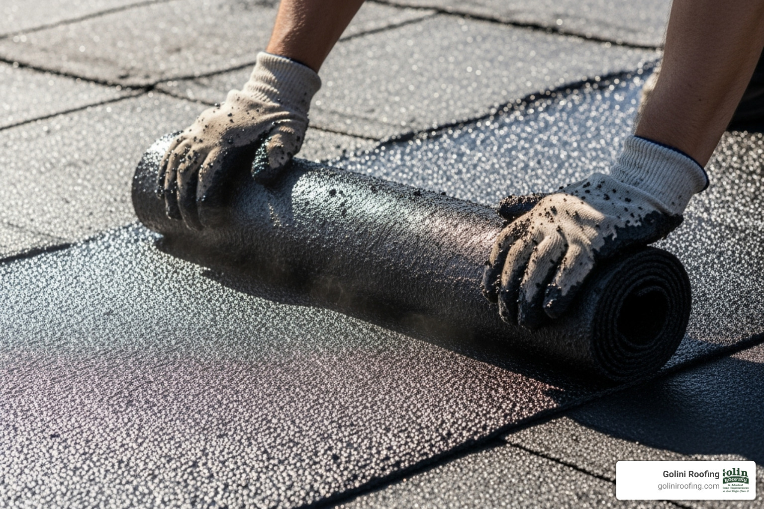 roofing felt being rolled into hot asphalt - installation process for built up roofing roofing felt being rolled into hot asphalt - installation process for built up roofing