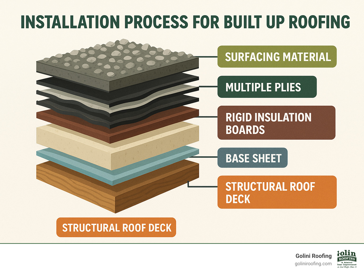 Detailed infographic showing the six main layers of a built-up roofing system from bottom to top: structural roof deck, vapor retarder barrier, rigid insulation boards, base sheet layer, multiple plies of bitumen and reinforcing fabric alternating in 3-5 layers, and final protective surfacing material like gravel or mineral coating - installation process for built up roofing infographic Detailed infographic showing the six main layers of a built-up roofing system from bottom to top: structural roof deck, vapor retarder barrier, rigid insulation boards, base sheet layer, multiple plies of bitumen and reinforcing fabric alternating in 3-5 layers, and final protective surfacing material like gravel or mineral coating - installation process for built up roofing infographic