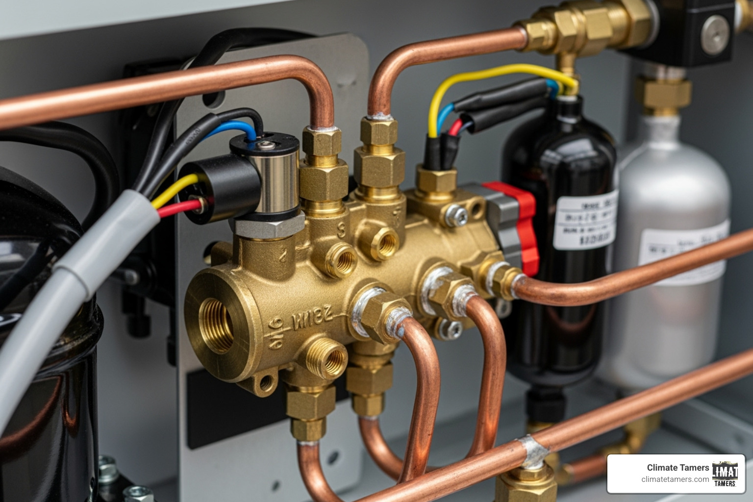 Internal components of a heat pump showing the reversing valve - AC unit heat pump