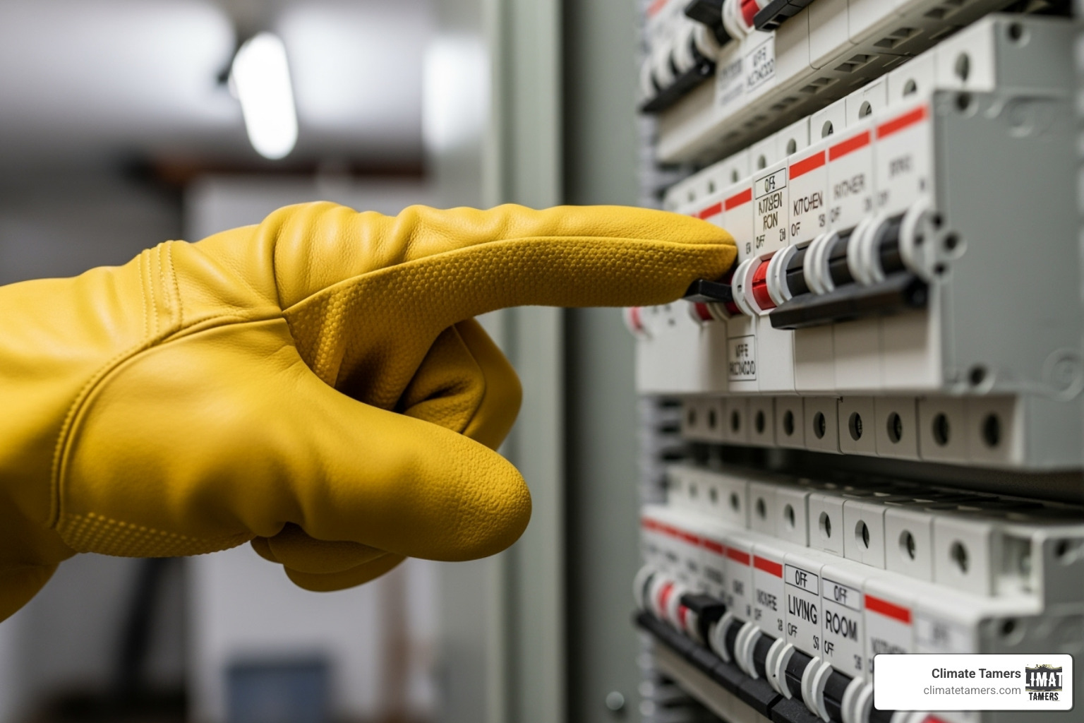 A hand wearing a glove safely resetting a breaker - Circuit breaker tripped
