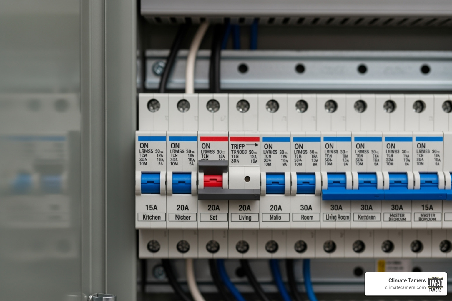 Close-up of a tripped breaker handle in the middle position next to others in the ON position - Circuit breaker tripped