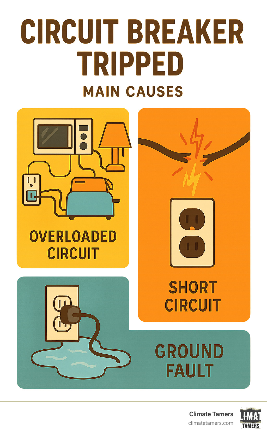 Infographic showing three main causes of circuit breaker trips: Overloaded Circuit with multiple appliances plugged into outlets, Short Circuit with damaged wires creating sparks, and Ground Fault with water near electrical components - Circuit breaker tripped infographic 