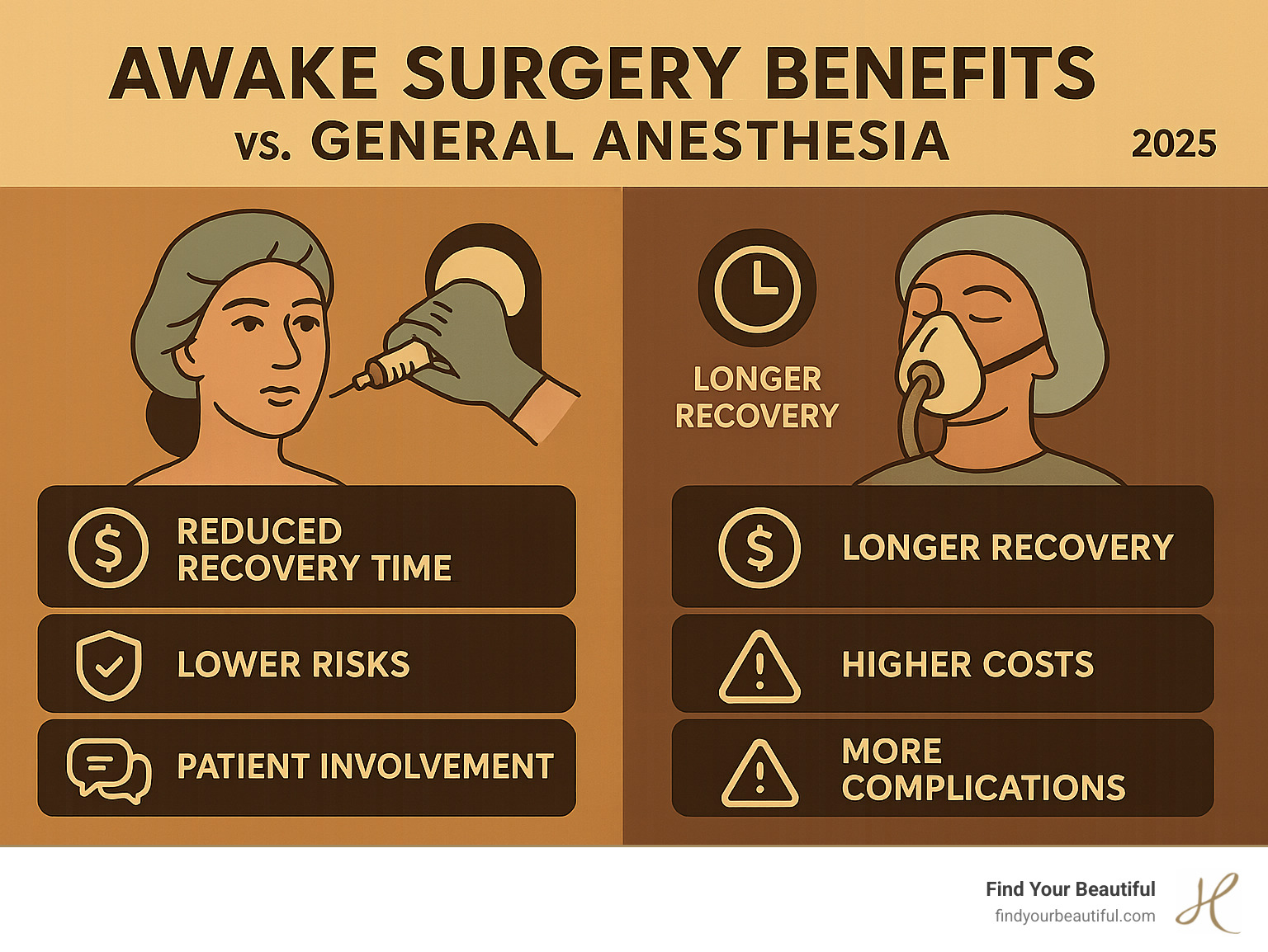 Comprehensive comparison showing awake surgery benefits including reduced recovery time, lower costs, fewer risks, and patient involvement versus traditional general anesthesia with longer recovery, higher costs, and additional complications - awake plastic surgery infographic 
