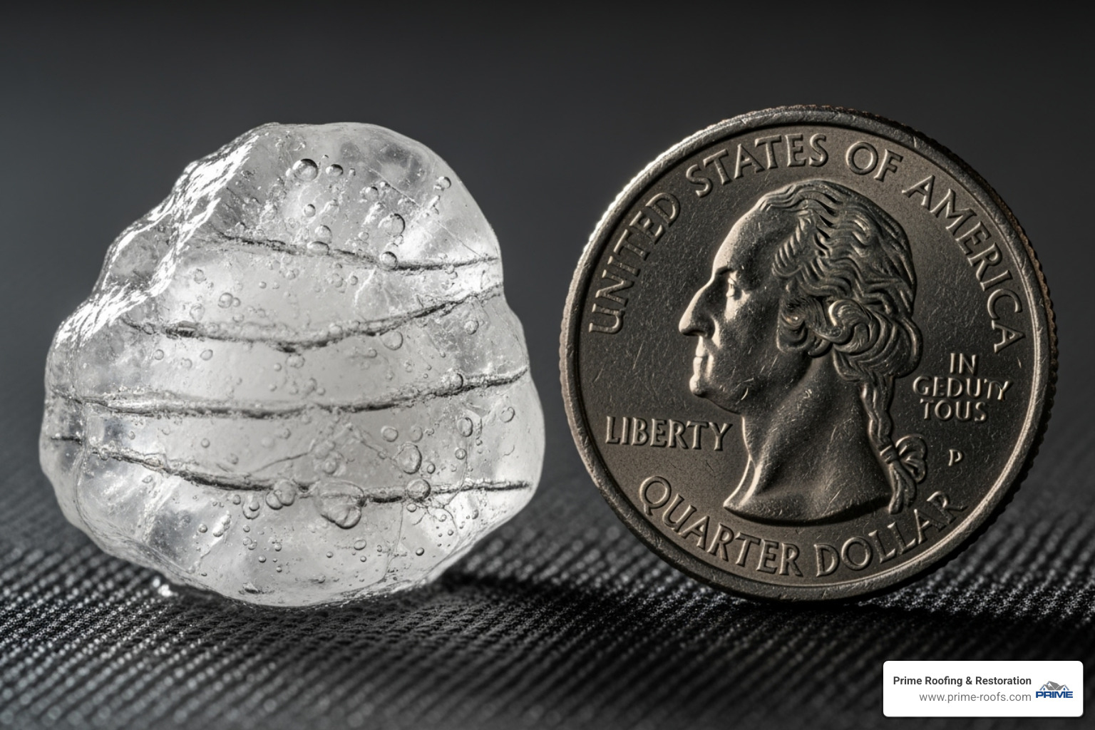 hailstone and quarter comparison - Alabaster storm damage hailstone and quarter comparison - Alabaster storm damage